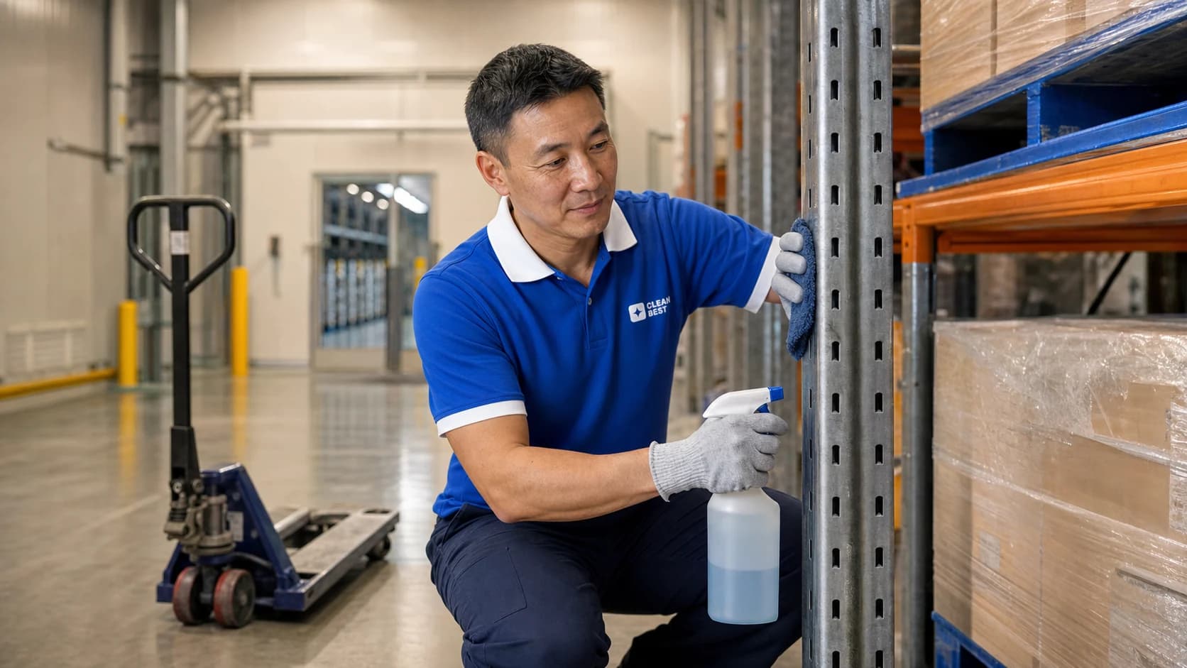Clean Best operator machine-scrubbing the floor of a distribution warehouse in Eastern Creek NSW